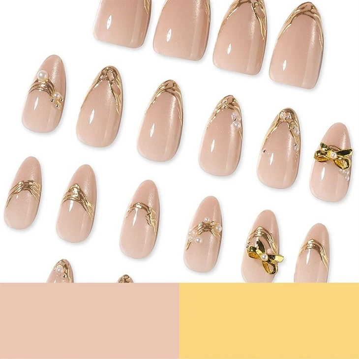 Nude 3D Gold Bow French Press On Nails best