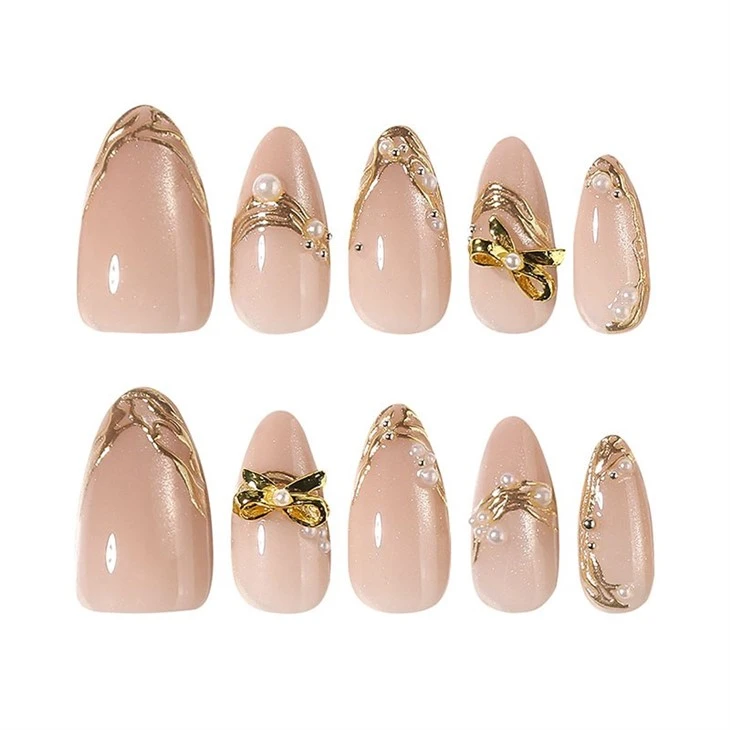 Nude 3D Gold Bow French Press On Nails high quality